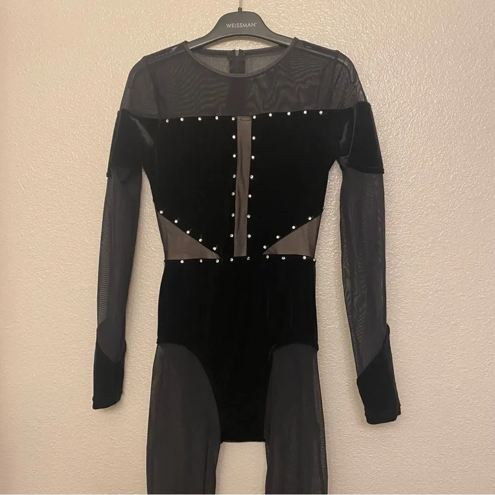 WEISSMAN Elite Dance Costume black Velvet Illusion Unitard illusion V12241 SA